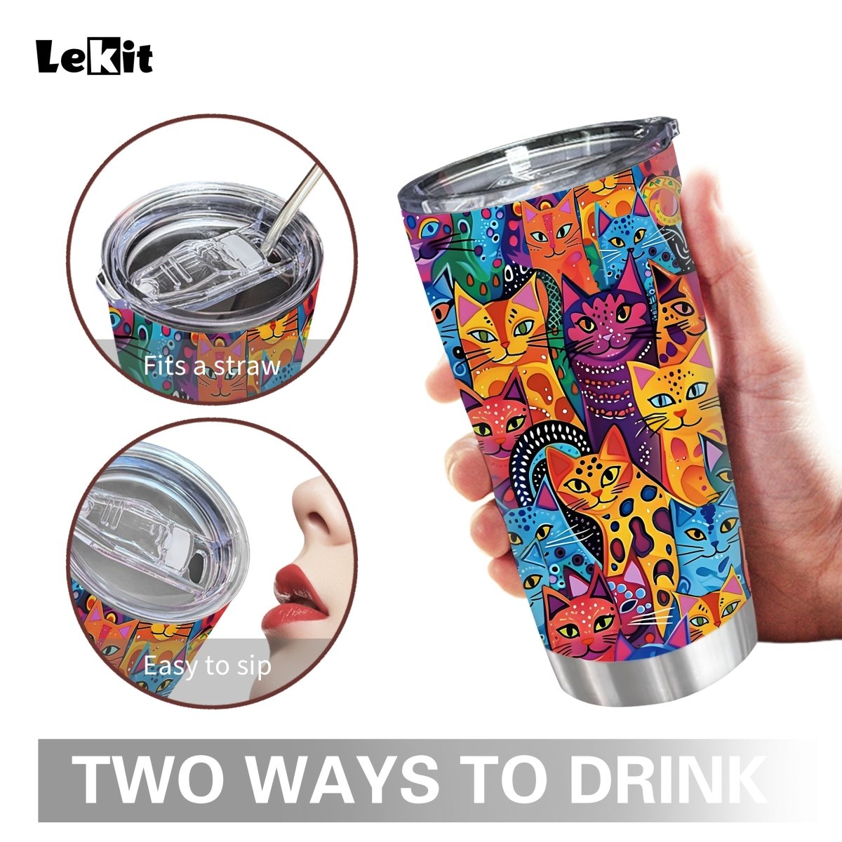 Cat Shop Boys - LeKit 20oz Stainless Steel Funny Cat Tumbler - Double - Walled Insulated, Leakproof & BPA - Free Travel Mug with Lid - Perfect Gift for Cat Lovers, Friends & Animal Enthusiasts, 590ml