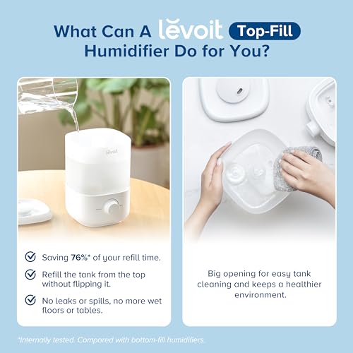 Cat Shop Boys - LEVOIT Top Fill Humidifiers for Bedroom, 2.5L Tank for Large Room, Easy to Fill & Clean, 28dB Quiet Cool Mist Air Humidifier for Home Baby Nursery & Plants, Auto Shut - off and BPA - Free for Safety, 25H