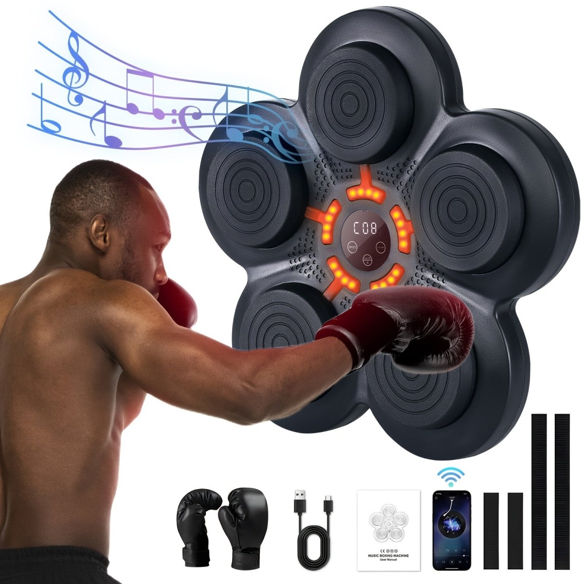 Cat Shop Boys - LOVEWE Music Boxing Trainer with Gloves - Interactive Fitness & Reflex Training Gear for Adults, USB Rechargeable, Wireless - Enabled, Wall - Mounted Boxing Target with LED Lights & Sound, Home Workout Equipment