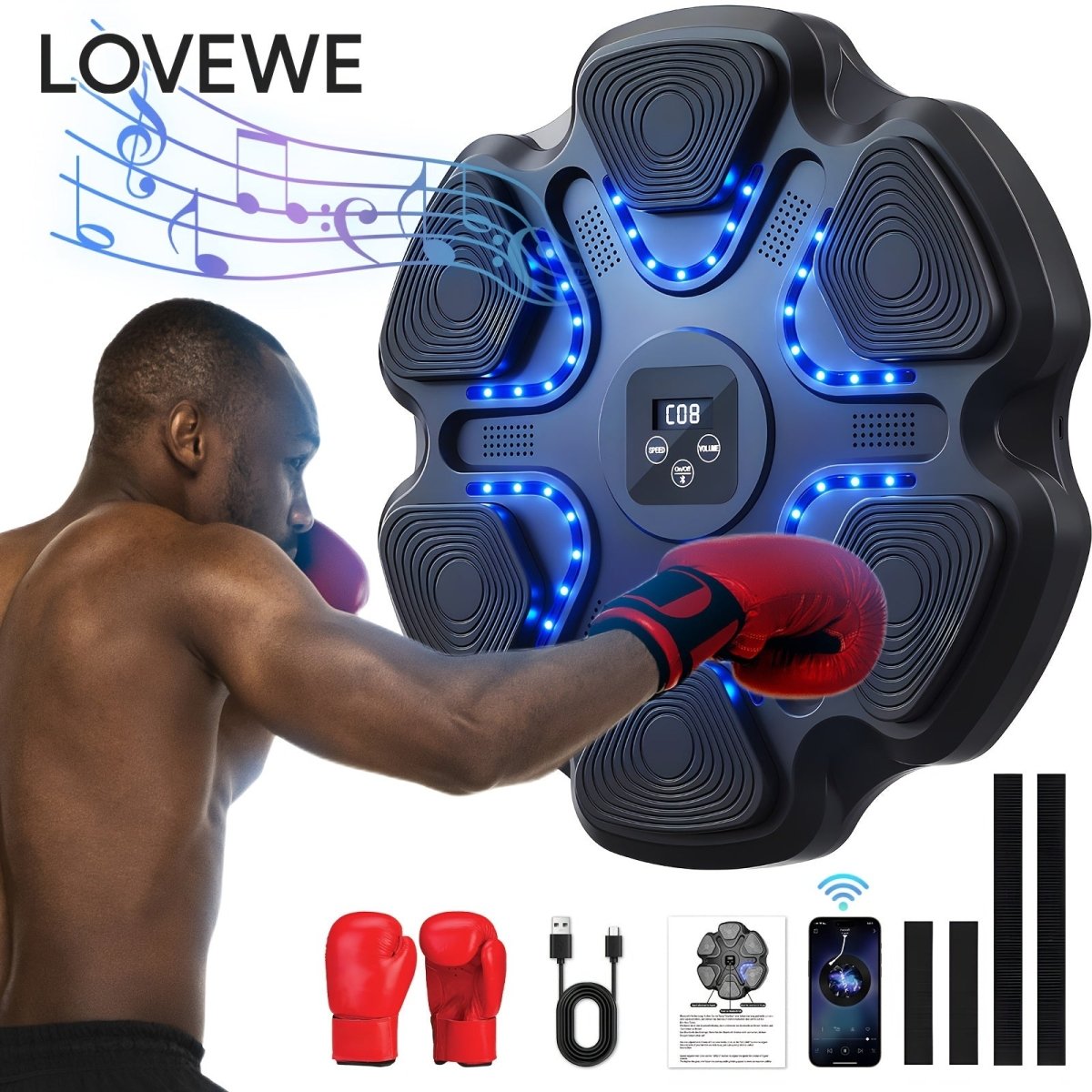 Cat Shop Boys - LOVEWE Music Boxing Trainer with Gloves - Interactive Fitness & Reflex Training Gear for Adults, USB Rechargeable, Wireless - Enabled, Wall - Mounted Boxing Target with LED Lights & Sound, Home Workout Equipment