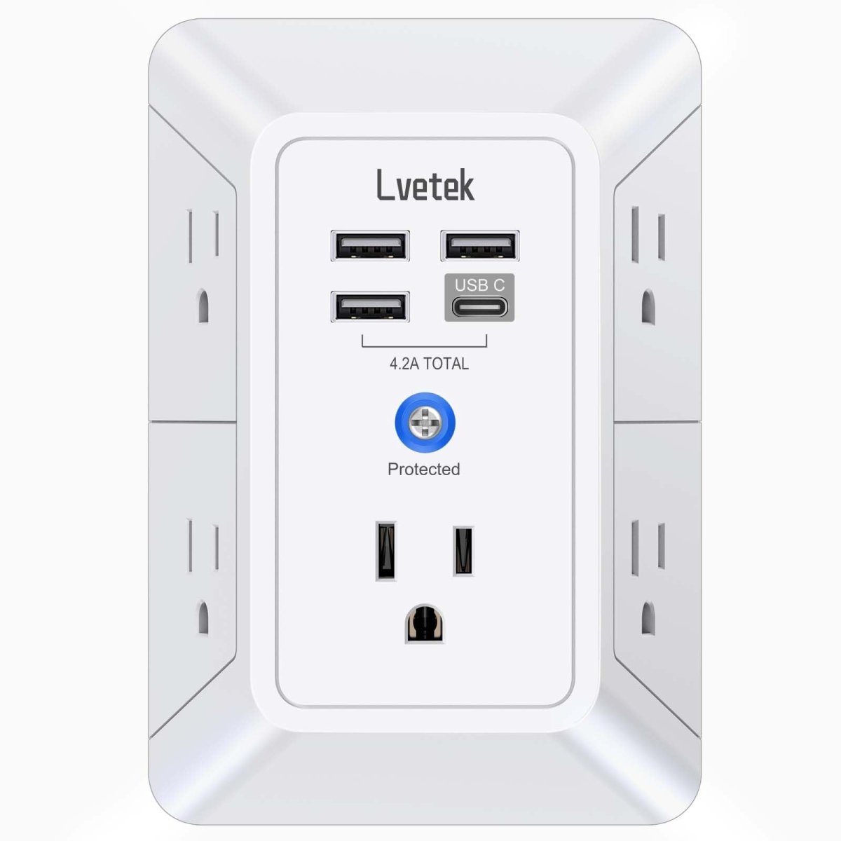 Cat Shop Boys - Lvetek 5 Outlet Extender Multi Plug Wall Outlets with 4 USB Charging Ports (1 USB C Outlet), 3 Sided 1680J Surge Protector Power Strip USB Wall Charger for Home, Office, Travel, ETL Listed, White