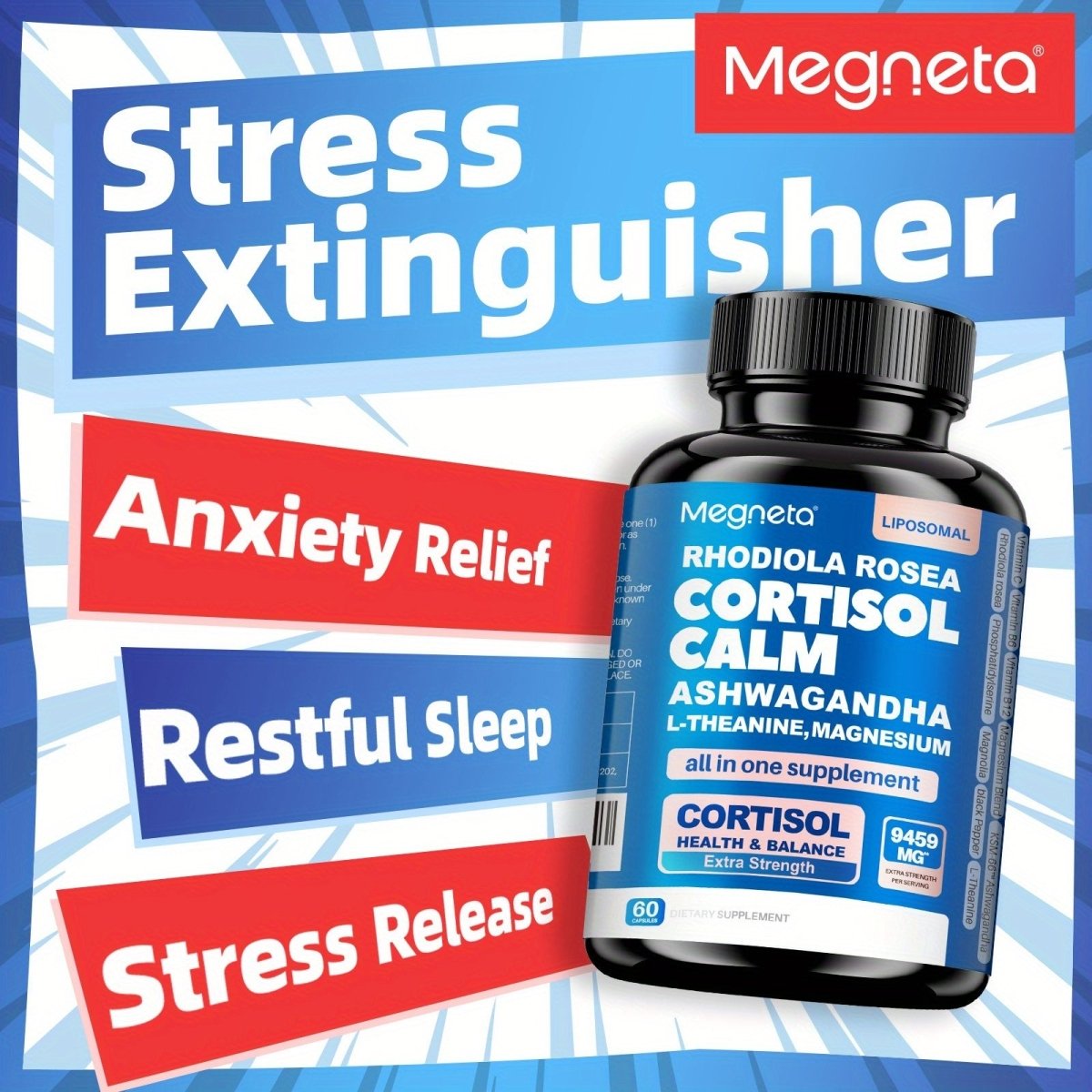 Cat Shop Boys - Megneta Stress Manager – Balanced Cortisol&Energy, Restful Sleep & Mood Enhancement With Rhodiola Rosea, Ashwagandha, L - Theanine & Magnesium 60 Capsules, 60 - Day Supply