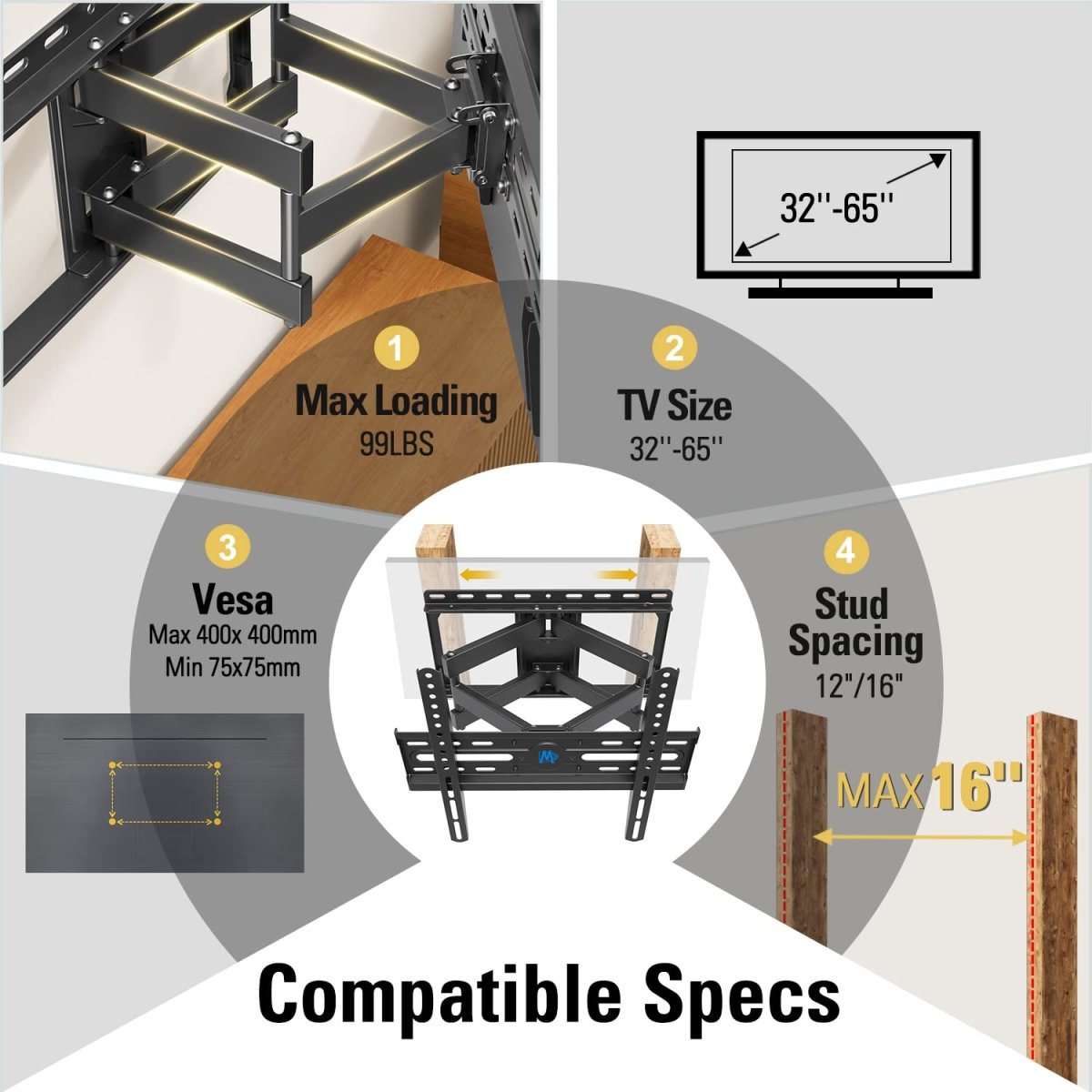 Cat Shop Boys - Mounting Dream TV Wall Mount for 32 - 65 Inch TV, TV Mount with Swivel and Tilt, Full Motion TV Bracket with Articulating Dual Arms, Fits 16inch Studs, Max VESA 400X400 mm, 99lbs, MD2380