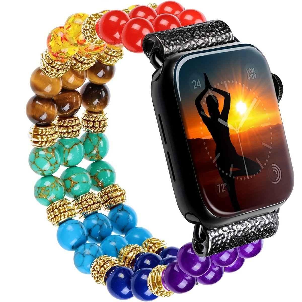 Cat Shop Boys - Natural Stone 7 Chakras For Apple Watch Bands For Women 7 Chakra Healing Bracelet Beaded Band Compatible With For IWatch Series SE 6 5 4 3 2 1 38mm 40mm 42mm 44mm With Stainless Steel Adapter