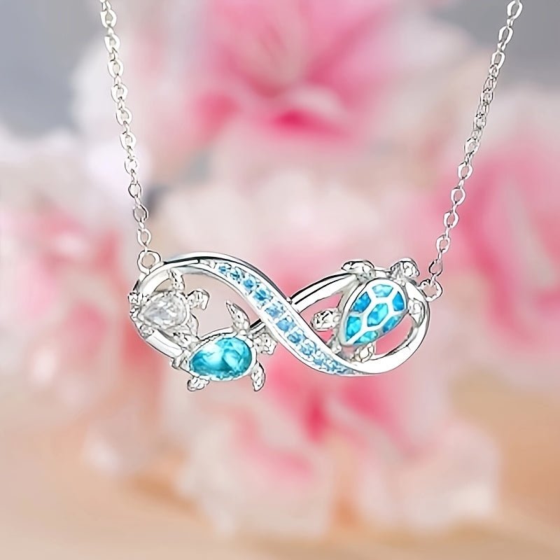 Cat Shop Boys - Ocean Style Blue Opal Three Turtles Infinity Symbol Pendant Necklace Valentine's Day Party Holiday Gift