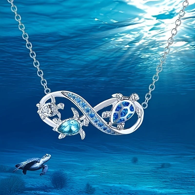 Cat Shop Boys - Ocean Style Blue Opal Three Turtles Infinity Symbol Pendant Necklace Valentine's Day Party Holiday Gift