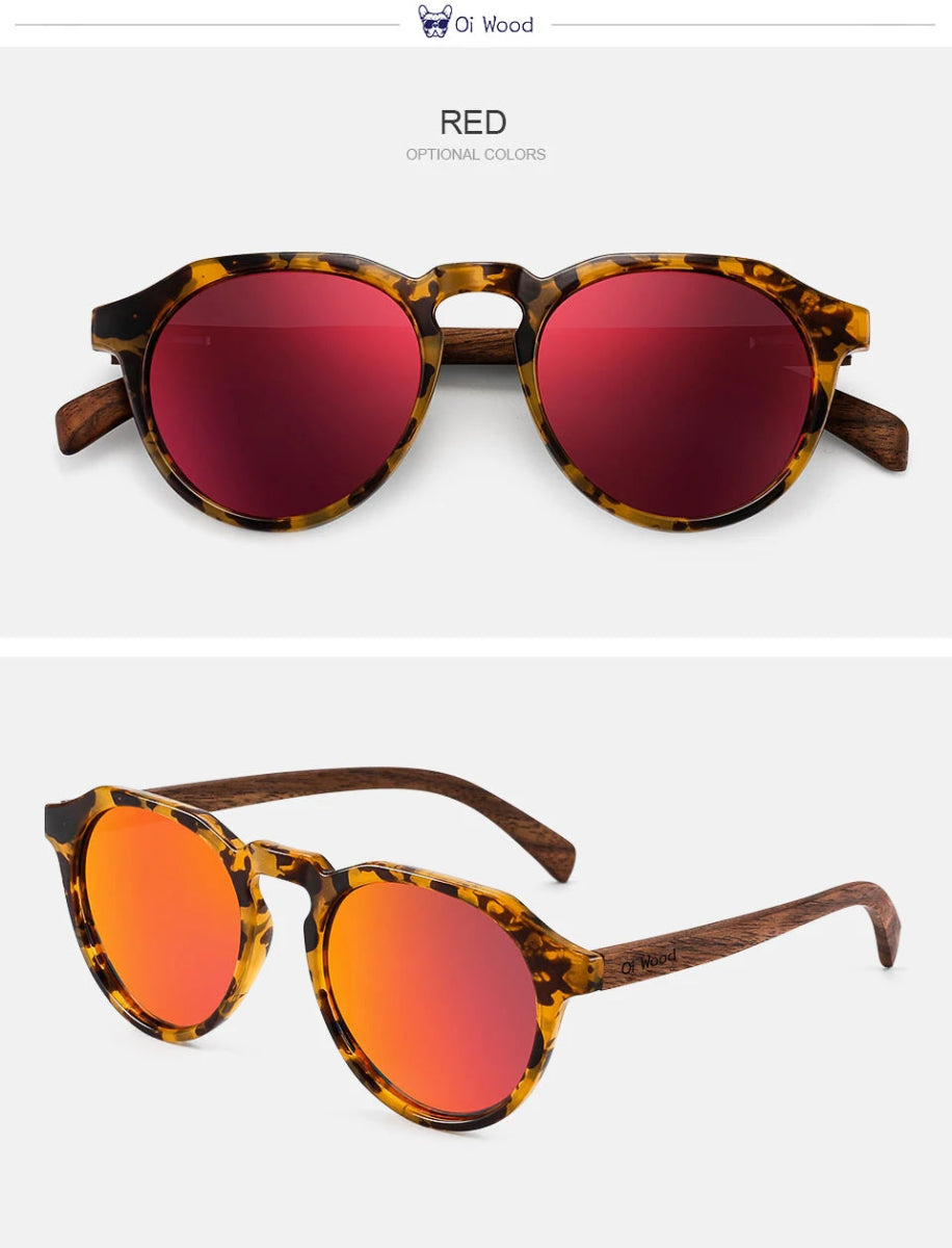 Cat Shop Boys - Oi Wood Sunglasses Women Men's Sun Glasses Walnut Wood Round Eyeglasses Red LensTortoise Shell Frames