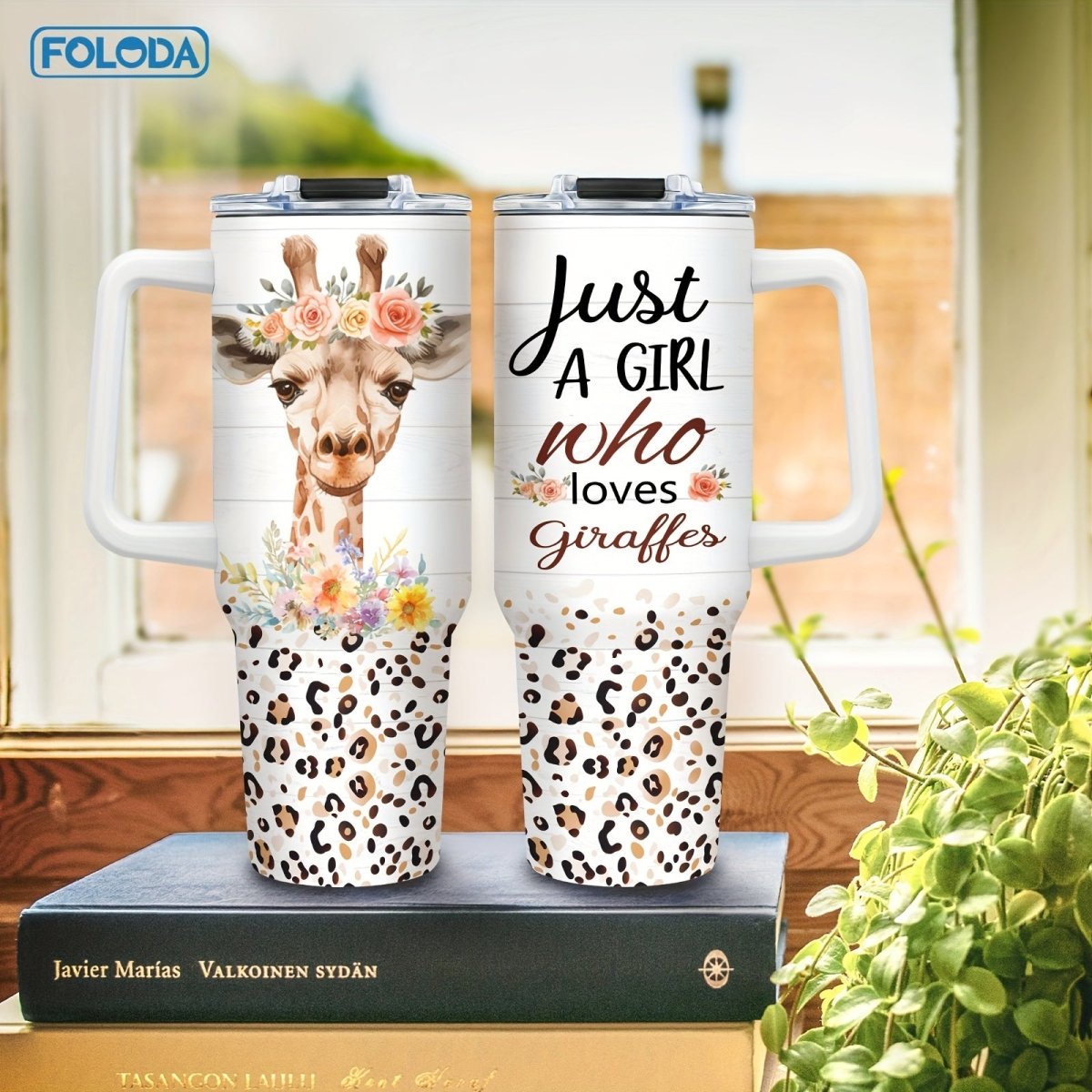 Cat Shop Boys - [Outdoor Adventures] Foloda 40oz Stainless Steel Tumbler with Handle, Straw & Lid - "Just A Girl Who Loves Giraffes" Design, Animal Print & Floral Patterns - Ideal Gift for Women, Giraffe Enthusiasts - Perfect for Christmas,