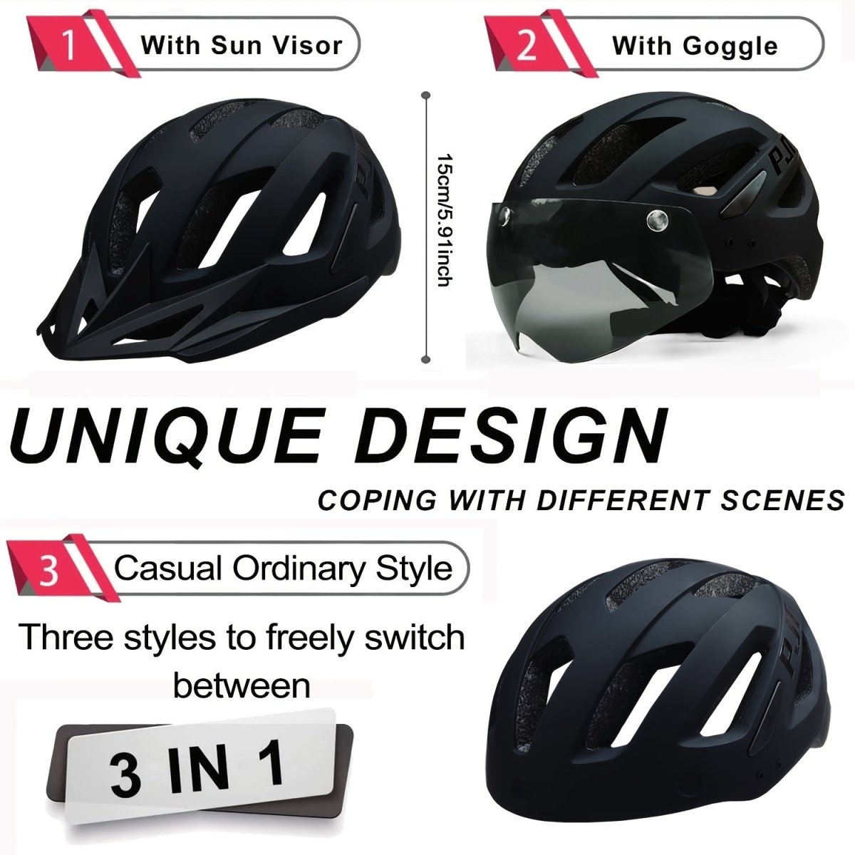 Cat Shop Boys - PJT 3 - in - 1 Lightweight Bicycle Helmet with Detachable Goggles & Sun Visor - Adjustable, Versatile for Road & Mountain Biking, Sleek White Design, PC+EPS Material, Fits 22.44 - 24.02" Head Circumference, Multifunctional, Road Cy