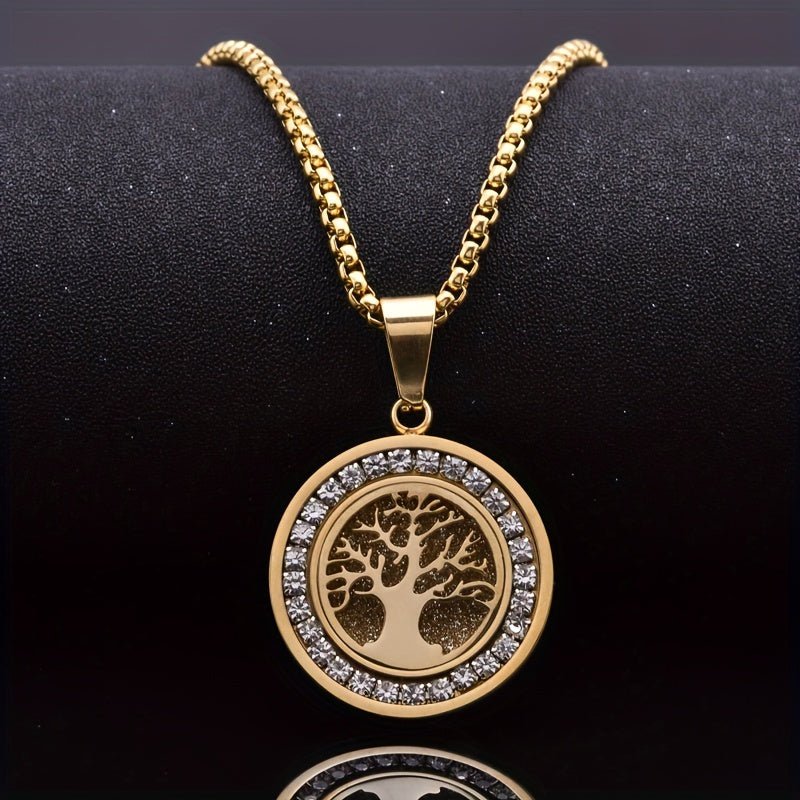 Cat Shop Boys - Retro Sacred Tree Of Life Pendant - 1pc Stainless Steel Inlaid Zirconia Necklace for Men's Daily Wear