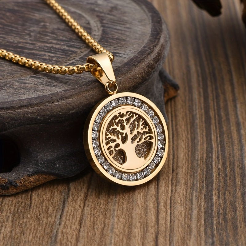 Cat Shop Boys - Retro Sacred Tree Of Life Pendant - 1pc Stainless Steel Inlaid Zirconia Necklace for Men's Daily Wear