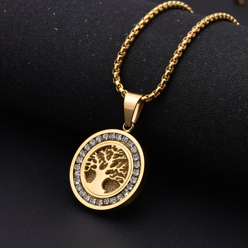 Cat Shop Boys - Retro Sacred Tree Of Life Pendant - 1pc Stainless Steel Inlaid Zirconia Necklace for Men's Daily Wear