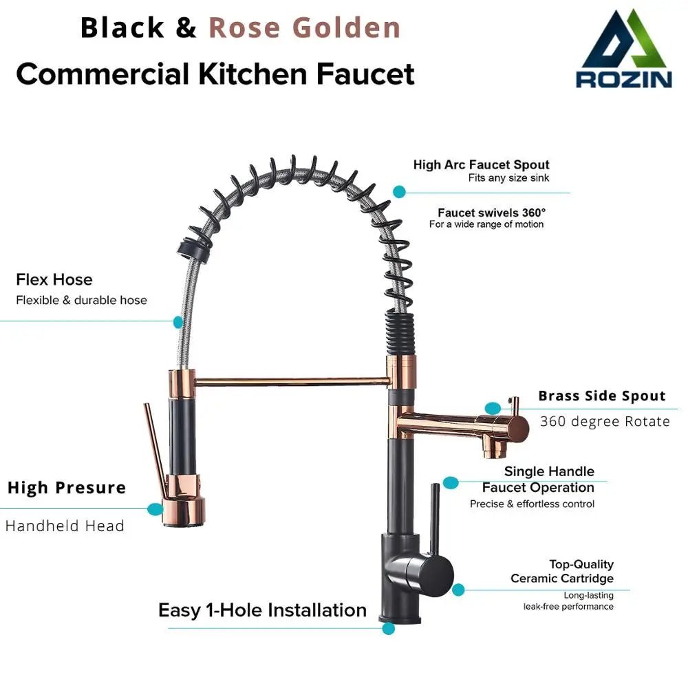 Cat Shop Boys - Rozin Black Spring Pull Down Kitchen Sink Faucet Deck Mounted Dual Spout Hot & Cold Water Mixer Tap Crane,Single Handle,SUS 304