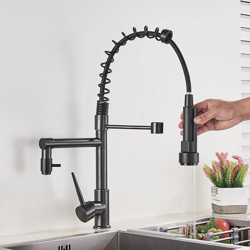 Cat Shop Boys - Rozin Black Spring Pull Down Kitchen Sink Faucet Deck Mounted Dual Spout Hot & Cold Water Mixer Tap Crane,Single Handle,SUS 304