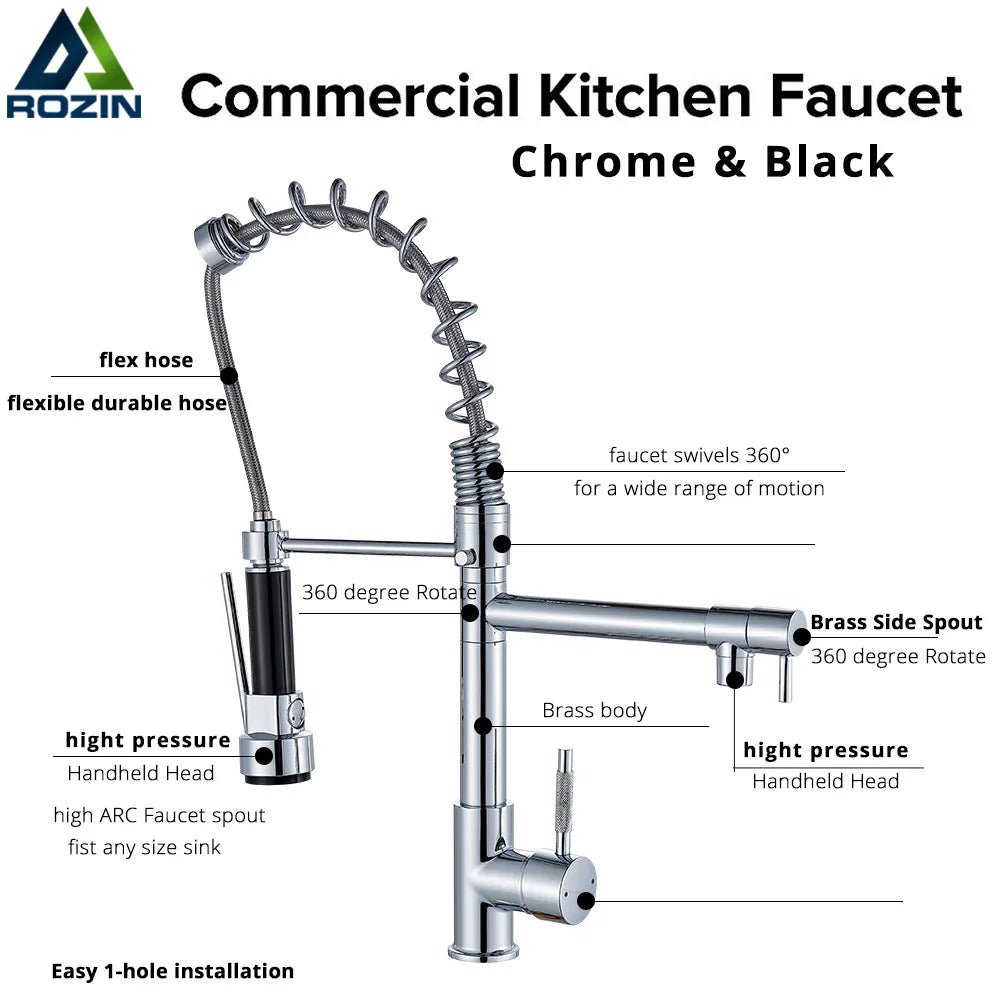 Cat Shop Boys - Rozin Black Spring Pull Down Kitchen Sink Faucet Deck Mounted Dual Spout Hot & Cold Water Mixer Tap Crane,Single Handle,SUS 304