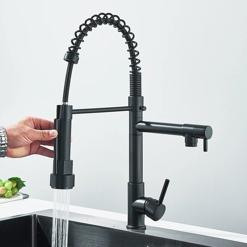 Cat Shop Boys - Rozin Black Spring Pull Down Kitchen Sink Faucet Deck Mounted Dual Spout Hot & Cold Water Mixer Tap Crane,Single Handle,SUS 304