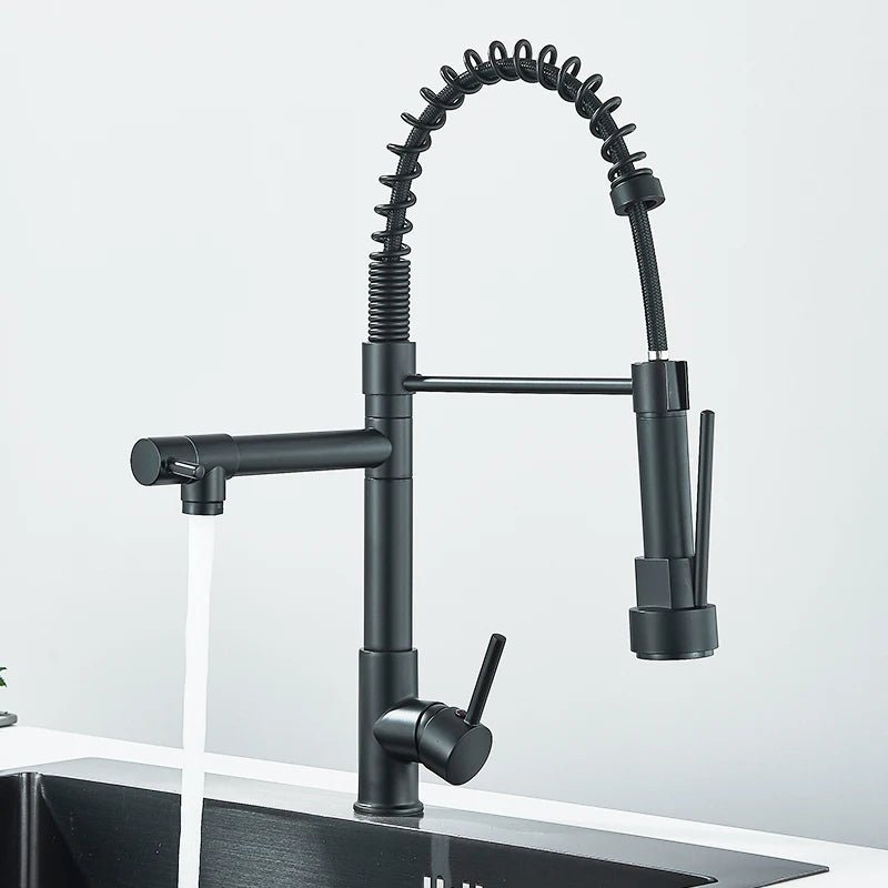 Cat Shop Boys - Rozin Black Spring Pull Down Kitchen Sink Faucet Deck Mounted Dual Spout Hot & Cold Water Mixer Tap Crane,Single Handle,SUS 304