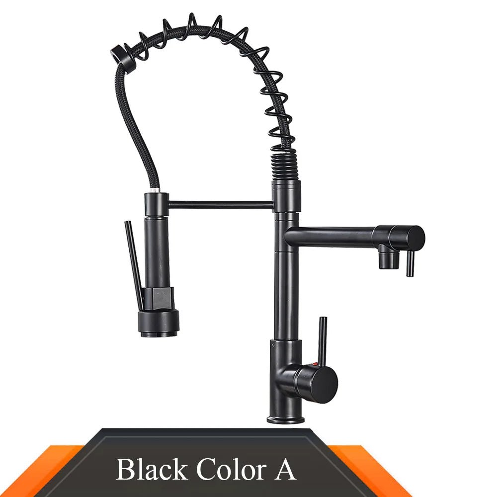 Cat Shop Boys - Rozin Black Spring Pull Down Kitchen Sink Faucet Deck Mounted Dual Spout Hot & Cold Water Mixer Tap Crane,Single Handle,SUS 304