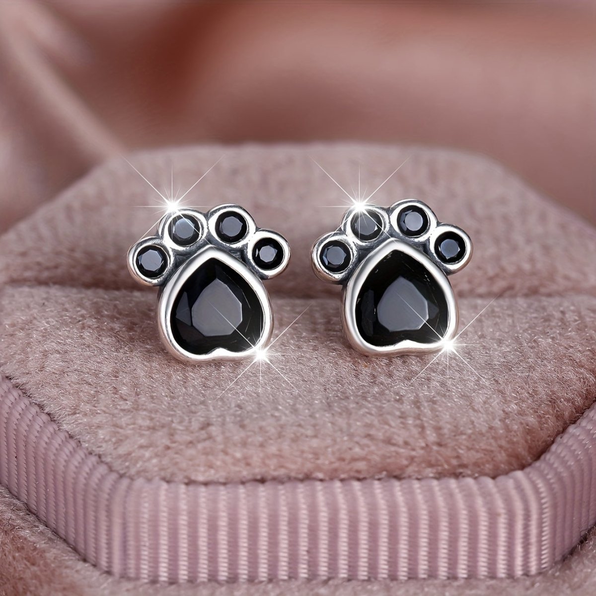 Cat Shop Boys - S925 Sterling Silver Paw Print Earrings - Adorable Black Charm for Everyday and Party Wear - Gift for Her