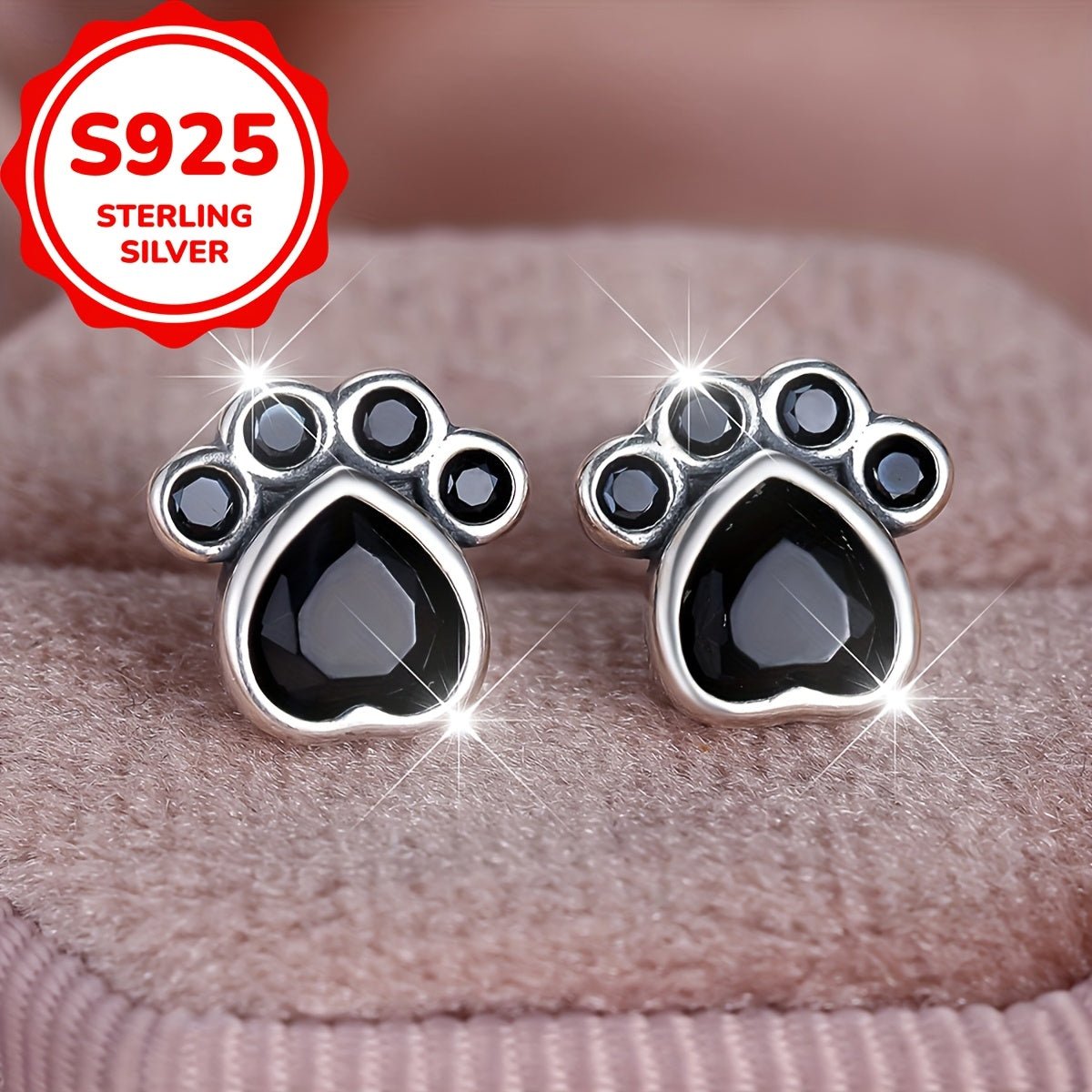 Cat Shop Boys - S925 Sterling Silver Paw Print Earrings - Adorable Black Charm for Everyday and Party Wear - Gift for Her