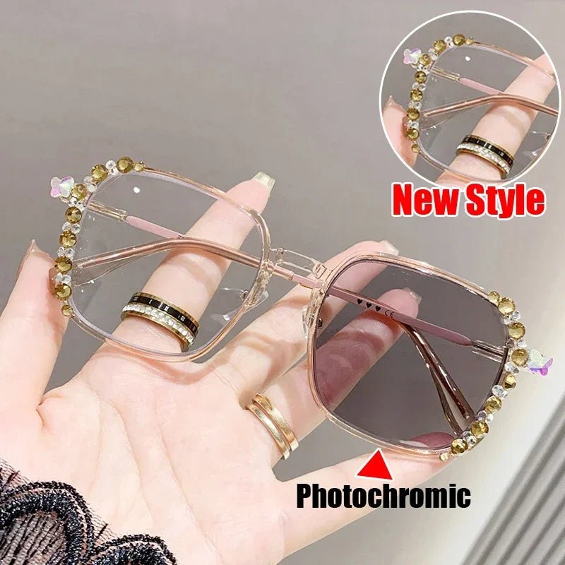 Cat Shop Boys - Shiny Diamond Photochromic Myopia Glasses Ultra Light Frame High - end Color Changing Eyewear Large Frame Anti Blue Light Glasses