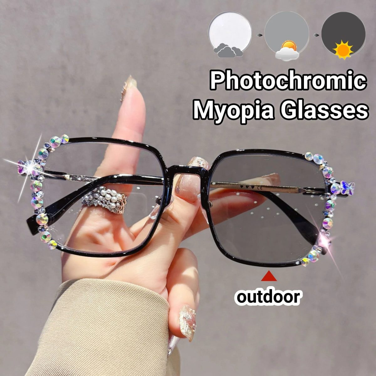 Cat Shop Boys - Shiny Diamond Photochromic Myopia Glasses Ultra Light Frame High - end Color Changing Eyewear Large Frame Anti Blue Light Glasses