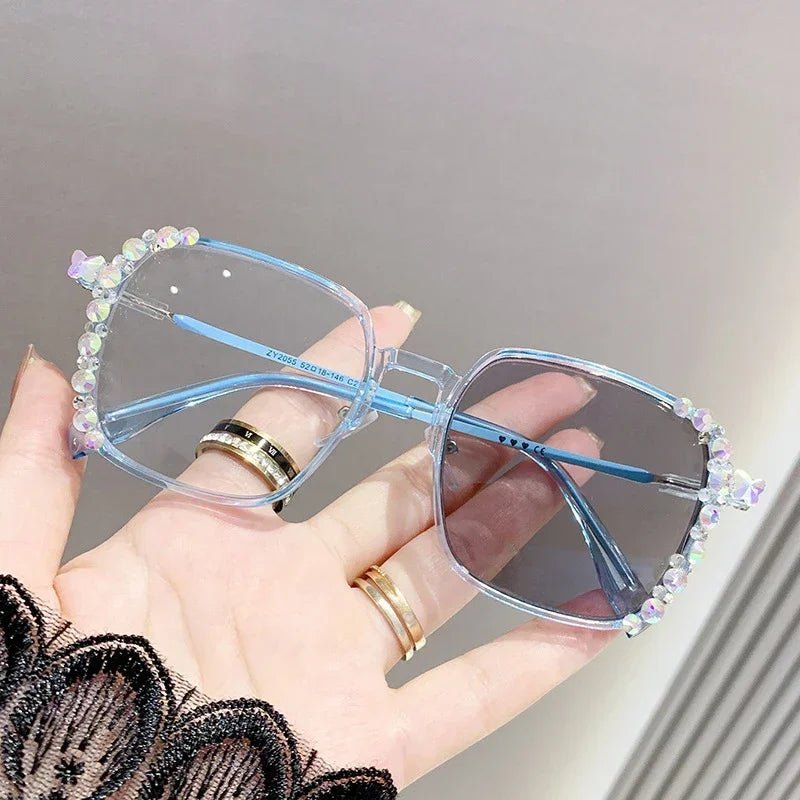 Cat Shop Boys - Shiny Diamond Photochromic Myopia Glasses Ultra Light Frame High - end Color Changing Eyewear Large Frame Anti Blue Light Glasses