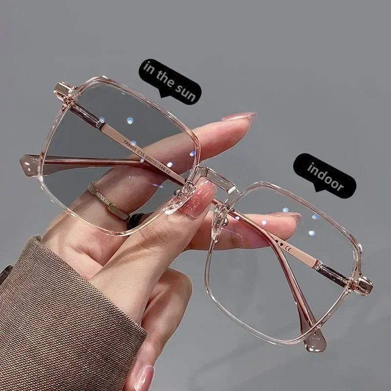 Cat Shop Boys - Shiny Diamond Photochromic Myopia Glasses Ultra Light Frame High - end Color Changing Eyewear Large Frame Anti Blue Light Glasses