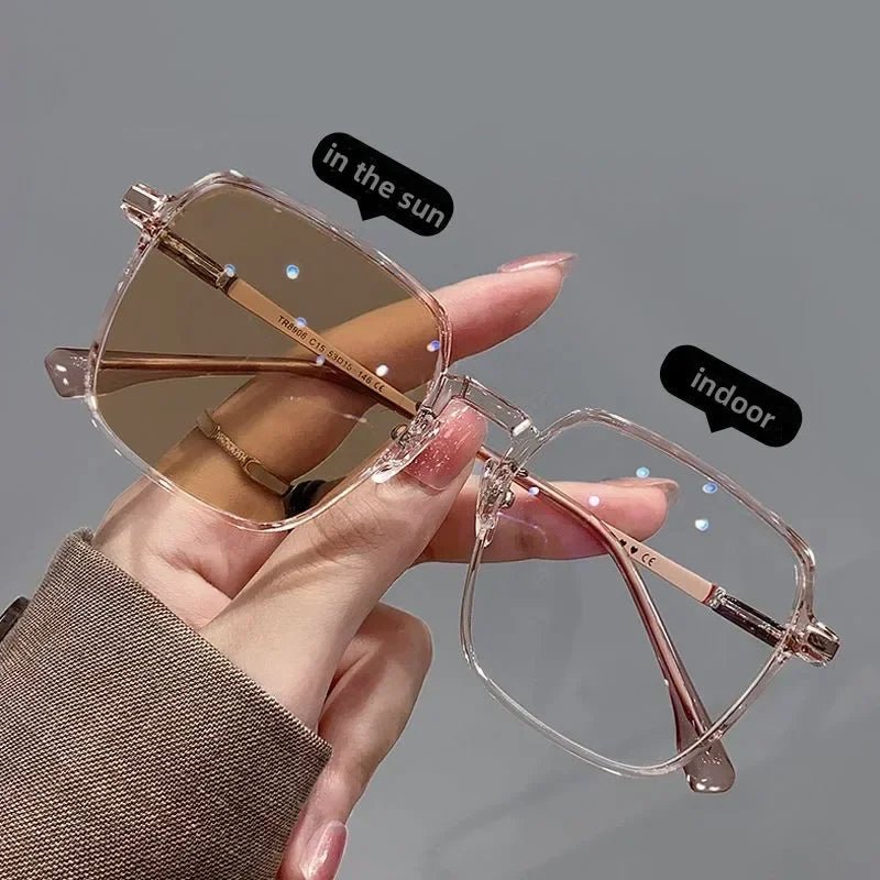 Cat Shop Boys - Shiny Diamond Photochromic Myopia Glasses Ultra Light Frame High - end Color Changing Eyewear Large Frame Anti Blue Light Glasses