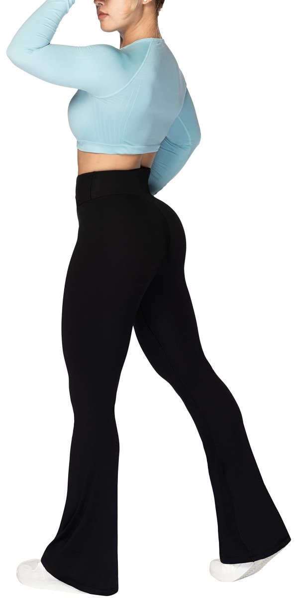 Cat Shop Boys - Sunzel Flare Leggings, Crossover Yoga Pants for Women with Tummy Control, High - Waisted and Wide Leg Black