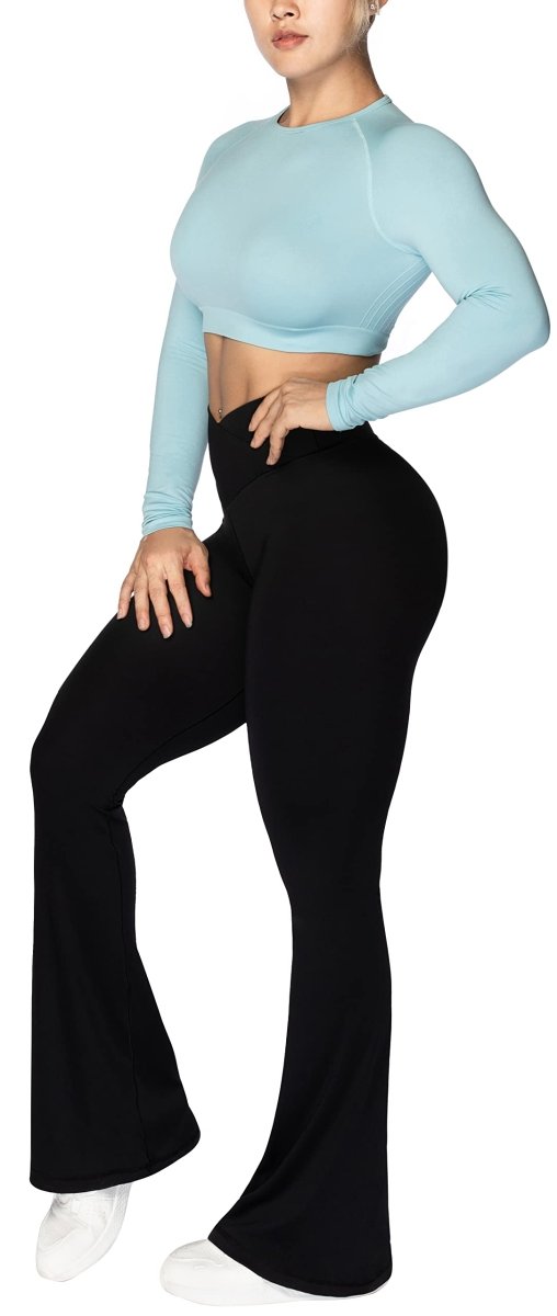 Cat Shop Boys - Sunzel Flare Leggings, Crossover Yoga Pants for Women with Tummy Control, High - Waisted and Wide Leg Black