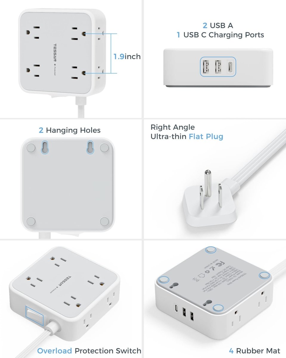 Cat Shop Boys - Surge Protector Flat Extension Cord Flat Plug Power Strip, 8 AC Outlets, 3 USB Charger(1 USB C Port) 3 - Sided Outlet Extender, 5 Ft, 900 Joules Protection, Office Supplies, Dorm Room Essentials, Grey