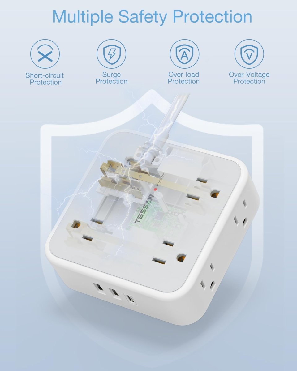 Cat Shop Boys - Surge Protector Flat Extension Cord Flat Plug Power Strip, 8 AC Outlets, 3 USB Charger(1 USB C Port) 3 - Sided Outlet Extender, 5 Ft, 900 Joules Protection, Office Supplies, Dorm Room Essentials, Grey