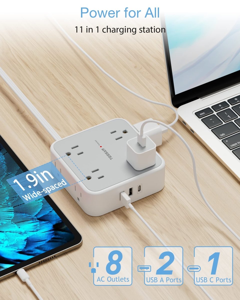 Cat Shop Boys - Surge Protector Flat Extension Cord Flat Plug Power Strip, 8 AC Outlets, 3 USB Charger(1 USB C Port) 3 - Sided Outlet Extender, 5 Ft, 900 Joules Protection, Office Supplies, Dorm Room Essentials, Grey