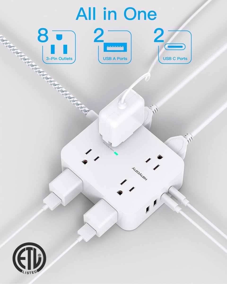 Cat Shop Boys - Surge Protector Power Strip - 8 Outlets with 4 USB (2 USB C) Charging Ports, Multi Plug Outlet Extender, 5Ft Braided Extension Cord, Flat Plug Wall Mount Desk USB Charging Station for Home Office ETL