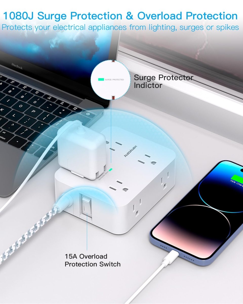 Cat Shop Boys - Surge Protector Power Strip - 8 Outlets with 4 USB (2 USB C) Charging Ports, Multi Plug Outlet Extender, 5Ft Braided Extension Cord, Flat Plug Wall Mount Desk USB Charging Station for Home Office ETL