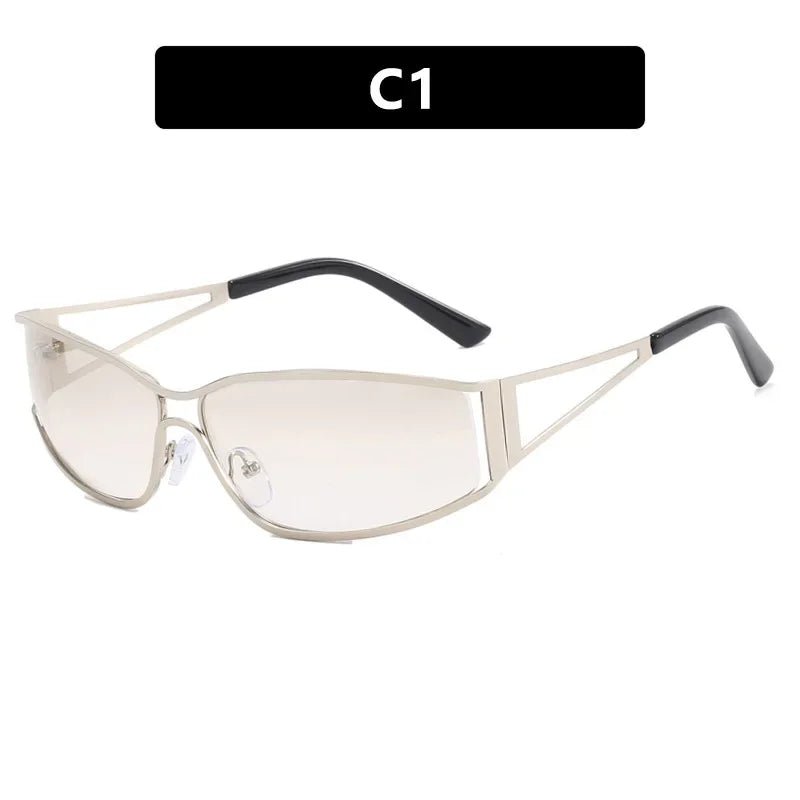 Cat Shop Boys - Trendy 2000s Y2K Sunglasses for Women Men Girls Metallic Fashion Oval Aesthetics Rave Shades Concert Accessories