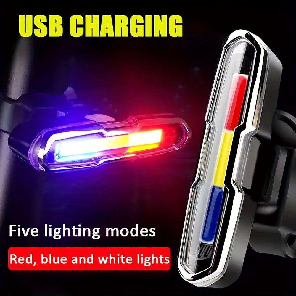 Cat Shop Boys - USB Rechargeable LED Bike Tail Light - COB Safety Warning, 3 - Color Modes for Night Riding, Durable ABS Material, Black