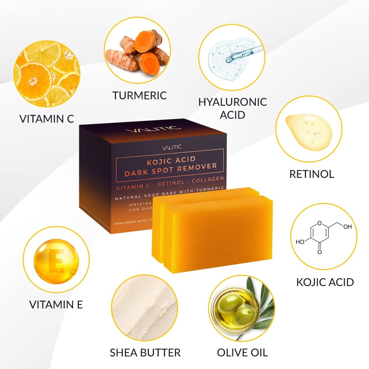 Cat Shop Boys - VALITIC Kojic Acid Dark Spot Remover Soap Bars with Vitamin C, Retinol, Collagen, Turmeric - Original Japanese Complex Infused with Hyaluronic Acid, Vitamin E, Shea Butter, Castile Olive Oil (2 Pack)