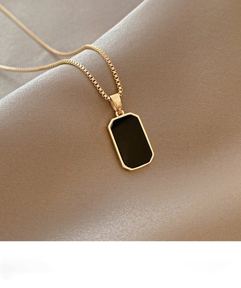 Cat Shop Boys - Vintage Titanium Steel Black Square Pendant Necklace 14K Gold - Plated Lettered Pendant Sweater Chain Vintage Pendant Women'S Jewelry