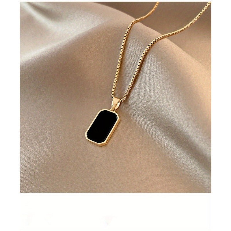 Cat Shop Boys - Vintage Titanium Steel Black Square Pendant Necklace 14K Gold - Plated Lettered Pendant Sweater Chain Vintage Pendant Women'S Jewelry