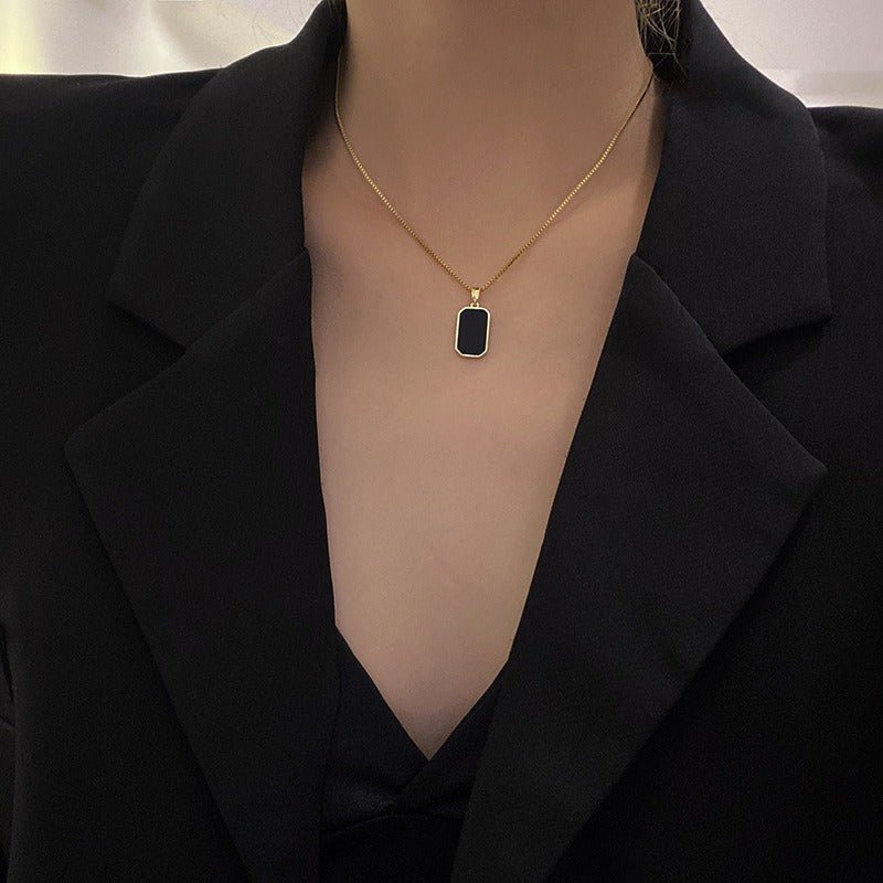 Cat Shop Boys - Vintage Titanium Steel Black Square Pendant Necklace 14K Gold - Plated Lettered Pendant Sweater Chain Vintage Pendant Women'S Jewelry