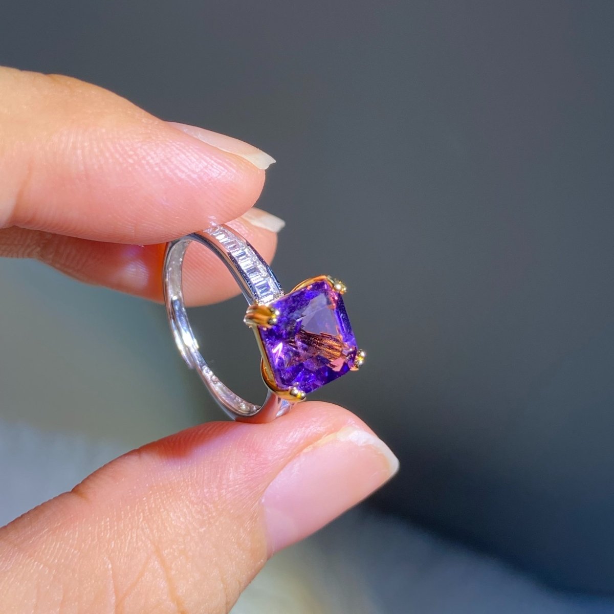 Cat Shop Boys - Vopujewelry an 8 * 8Mm Natural Amethyst Open Adjustable Ring Made of 925 Silver, Stylish And Elegant, Suitable for Black Friday, Christmas, Carnival And Other Occasions, Suitable for Friends, Family