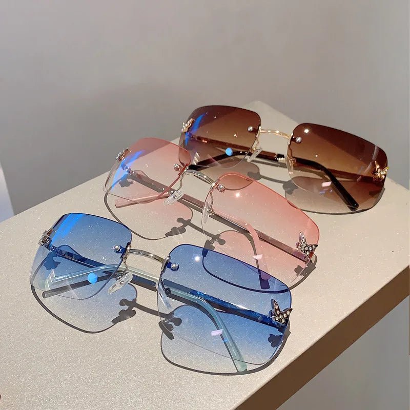 Cat Shop Boys - Y2K Luxury Brand Designer Rimless Square Sunglasses Women For Female Trendy Sun Glasses Diamond Butterfly Pink Punk Shades UV400