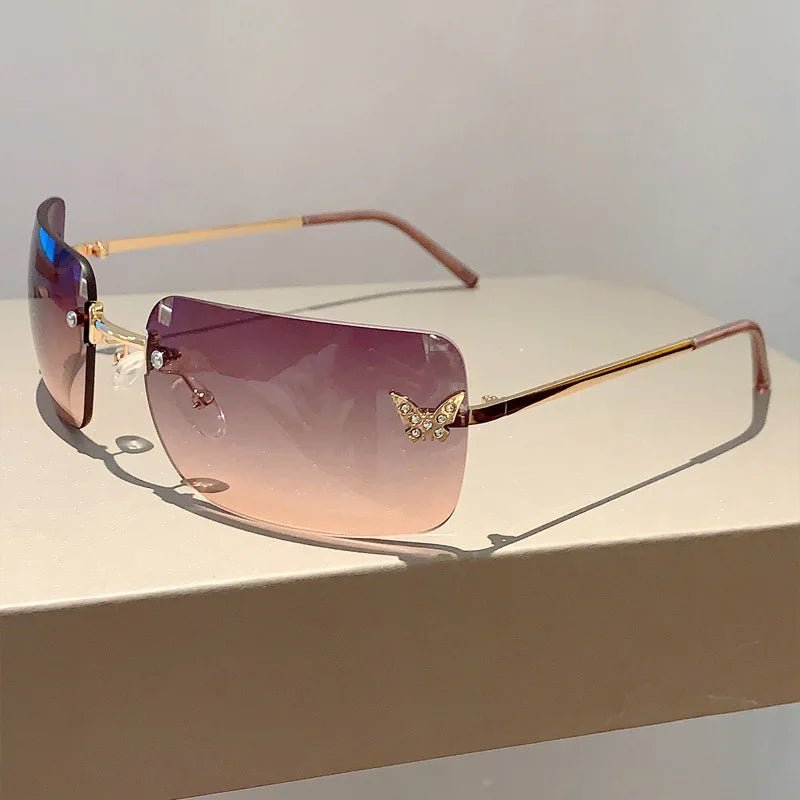 Cat Shop Boys - Y2K Luxury Brand Designer Rimless Square Sunglasses Women For Female Trendy Sun Glasses Diamond Butterfly Pink Punk Shades UV400