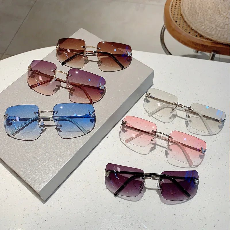 Cat Shop Boys - Y2K Luxury Brand Designer Rimless Square Sunglasses Women For Female Trendy Sun Glasses Diamond Butterfly Pink Punk Shades UV400