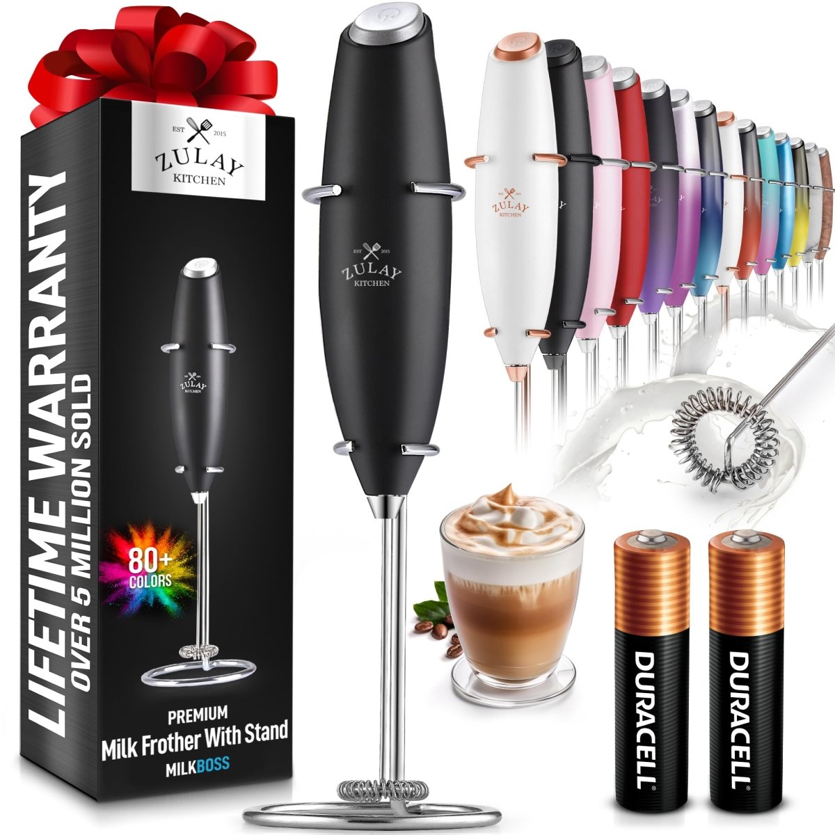 Cat Shop Boys - Zulay Kitchen Powerful Milk Frother Wand With 2 Duracell Batteries - Ultra Fast Handheld Drink Mixer - Electric Whisk Foam Maker for Coffee, Lattes, Cappuccino, Matcha, Hot Chocolate & Creamer - Black